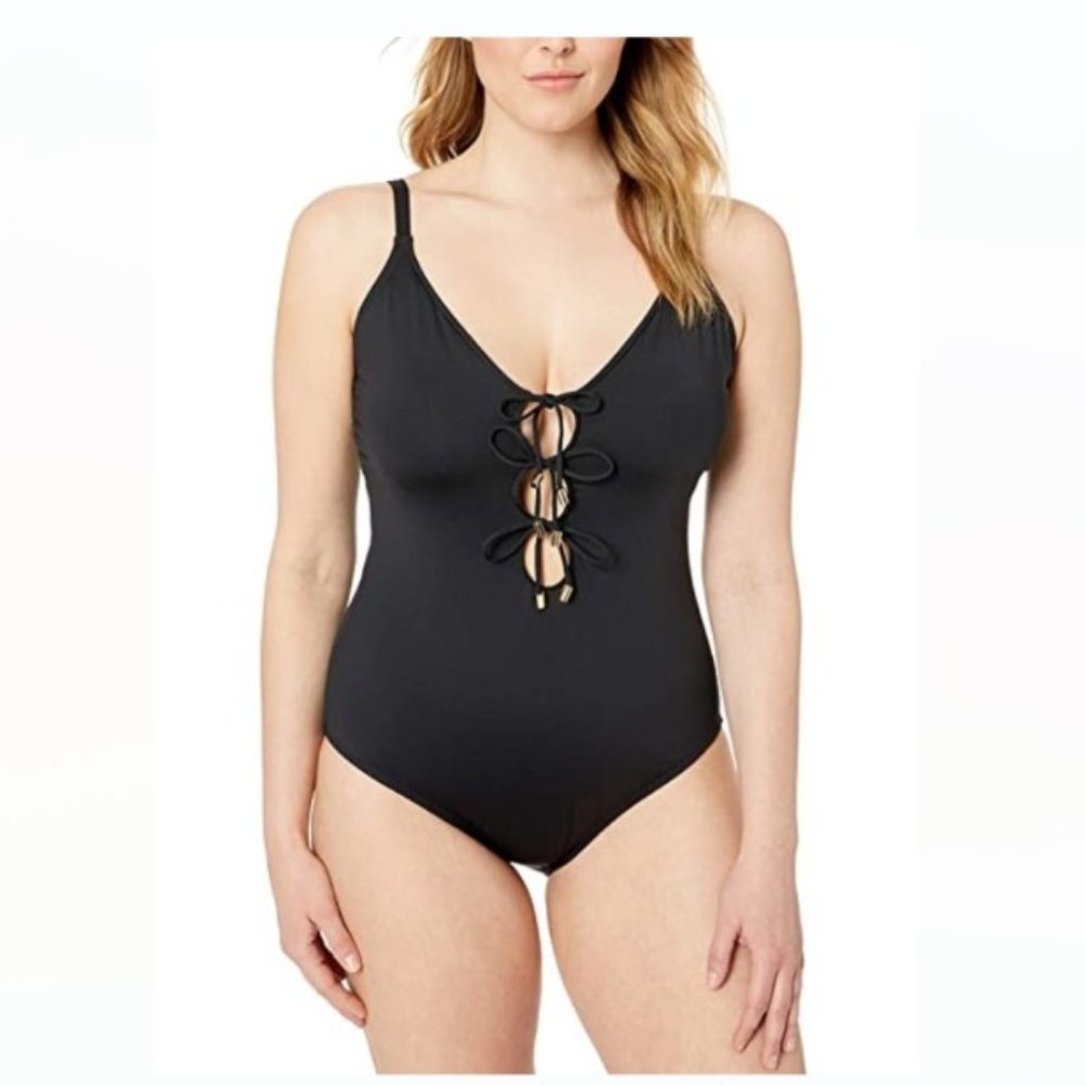 NEW La Blanca Island Goddess Lace Up One-Piece Swimsuit Size 22W Black $131